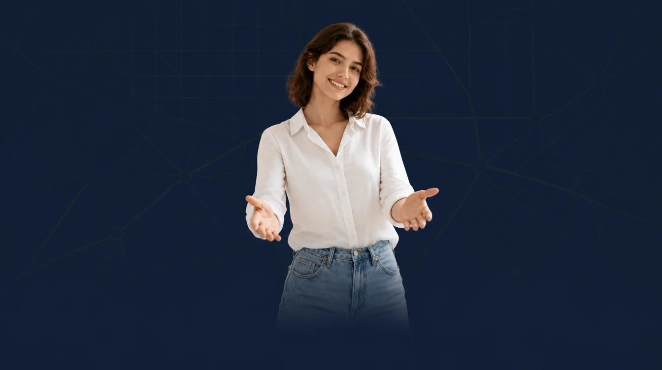 Modelo da Alna Commerce sorrindo com os braços abertos, indicando as ofertas de setembro e o frete grátis